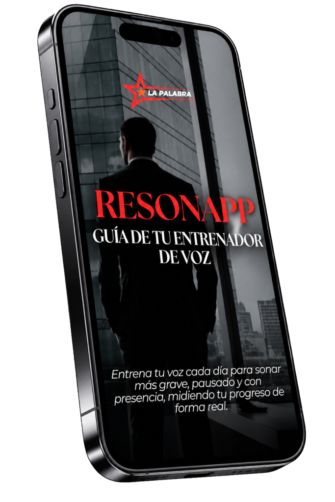 Mockup de Resonapp en un teléfono: tu entrenador de voz diario.